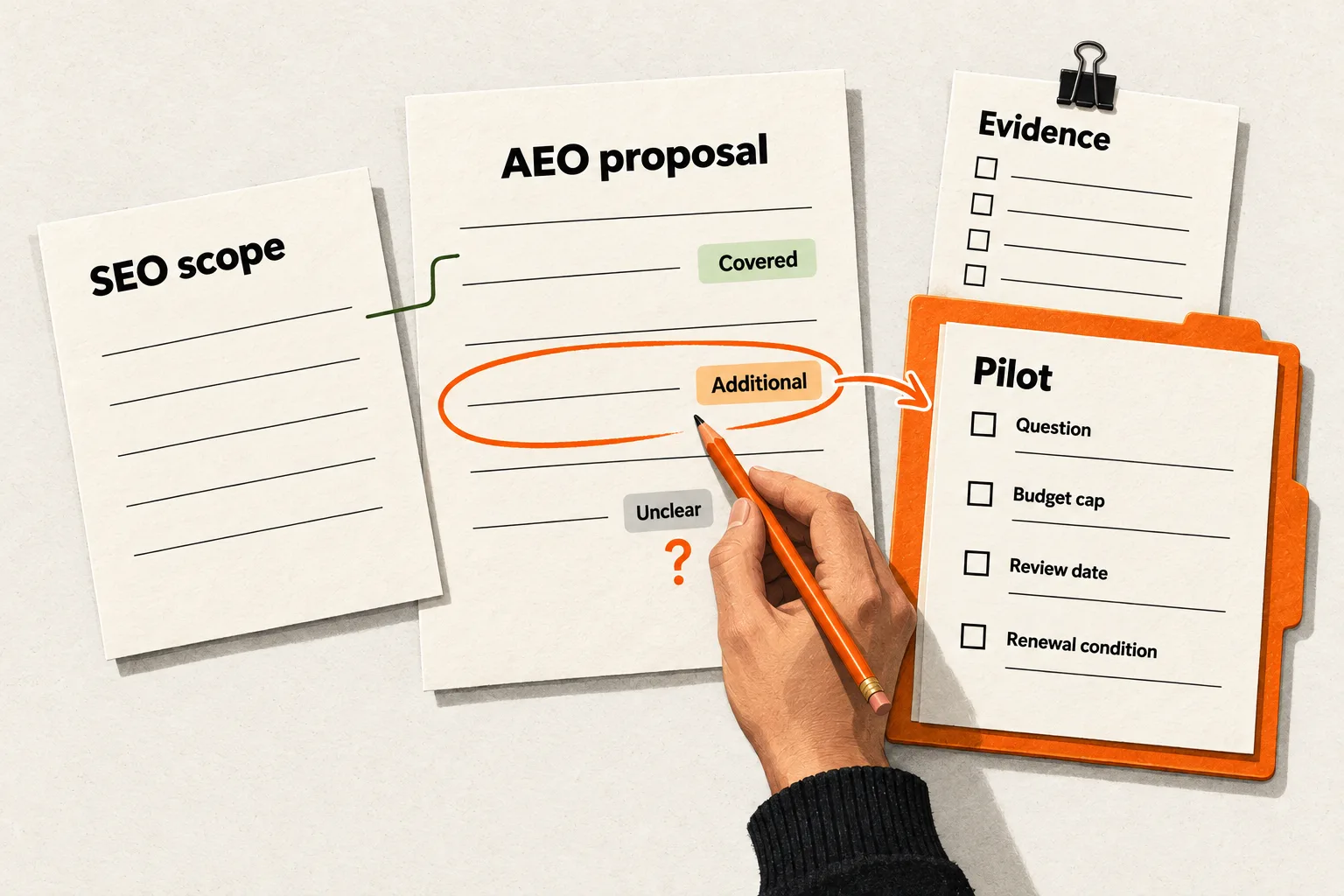 A hand marks an AEO proposal as covered, additional, or unclear beside an SEO scope. An orange arrow connects additional work to a pilot checklist with evidence, budget cap, review date, and renewal condition.