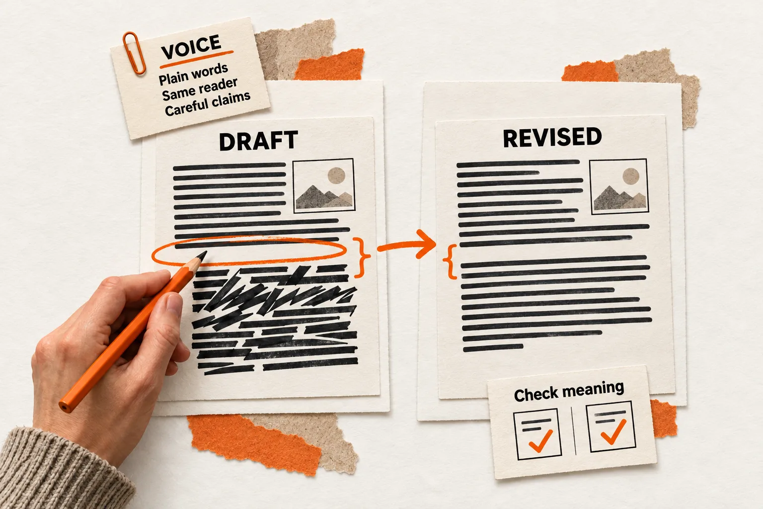 An editor marks a jarring paragraph transition beside a revised version with consistent writing, guided by a voice card and a meaning-check slip.