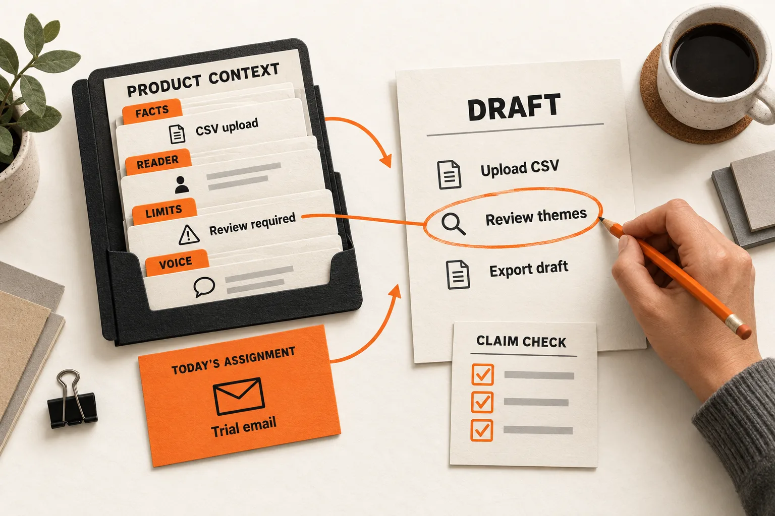 A product context packet and separate trial-email assignment lead to a draft. A person circles “Review themes,” linking the manual step to the packet’s “Review required” limit.