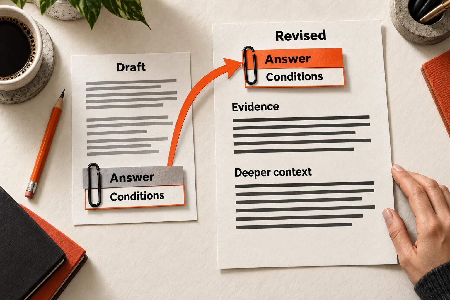An orange arrow moves a clipped answer-and-conditions pair from the bottom of a draft to the opening of a revised page, with evidence and deeper context retained below.