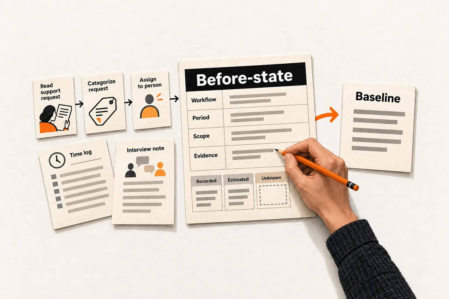 A hand completes a before-state evidence worksheet using support workflow cards, a time log, and interview notes. Recorded, estimated, and unknown evidence feed into a baseline paragraph.