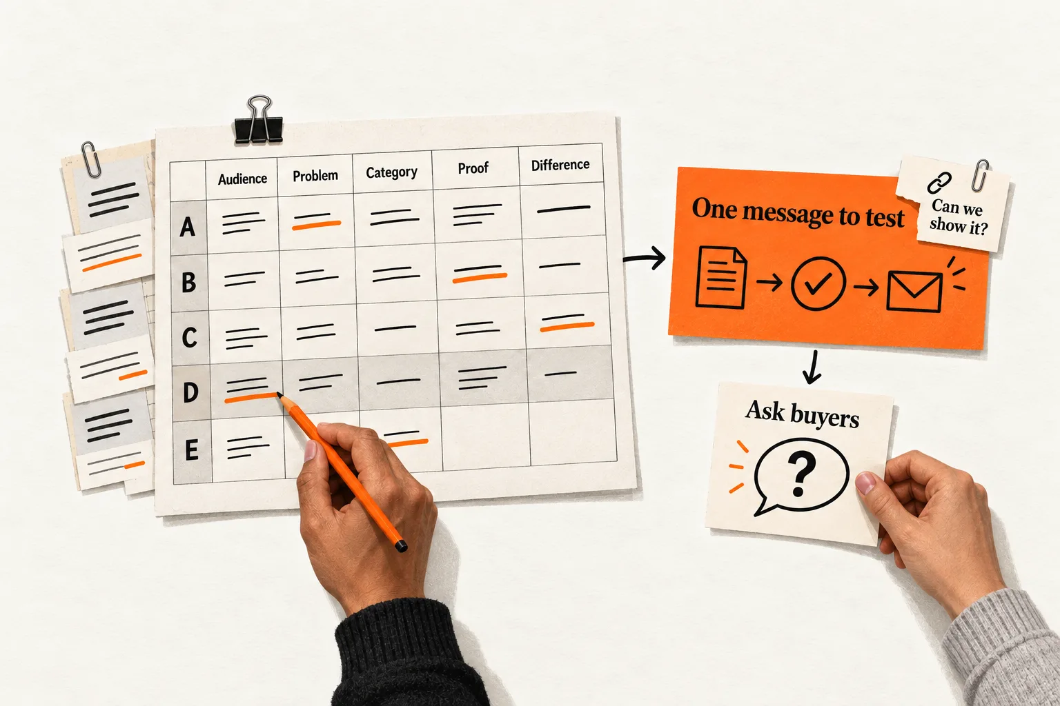 Hands compare five companies in a messaging worksheet, then select one message to test, check whether the product can demonstrate it, and carry an open question to buyers.