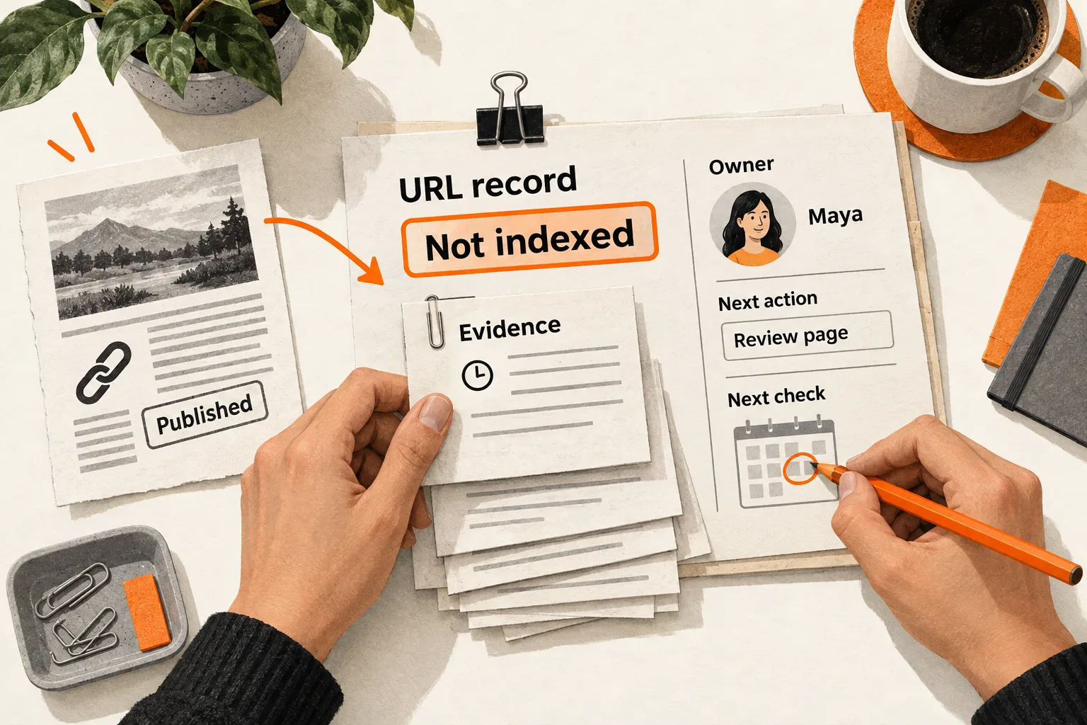 Editorial illustration of a published article linked to a URL record marked Not indexed, with saved evidence, owner Maya, a review action, and a hand marking the next check on a calendar.