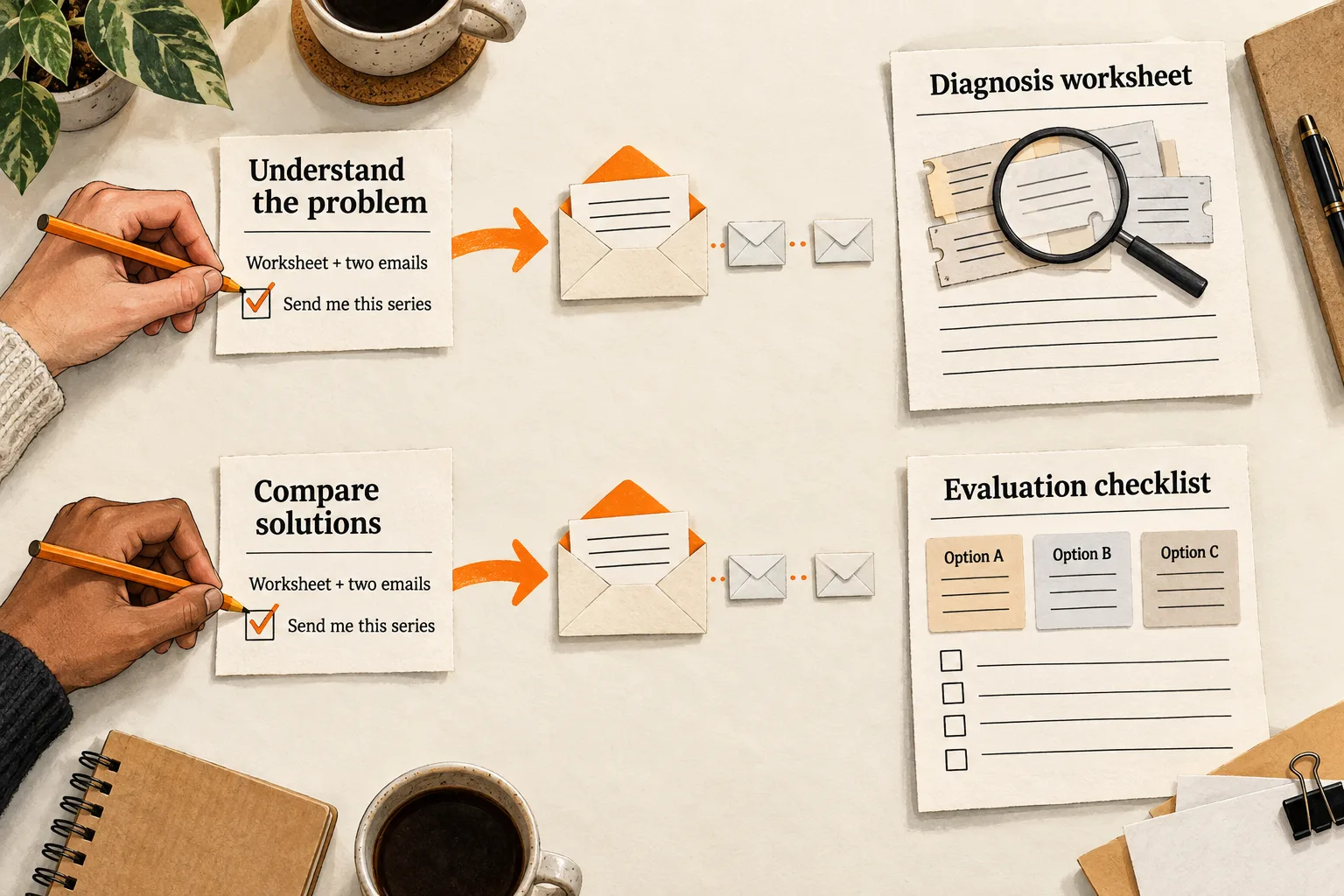 Two readers check separate email opt-in cards: understanding the problem leads to a diagnosis worksheet, while comparing solutions leads to an evaluation checklist.