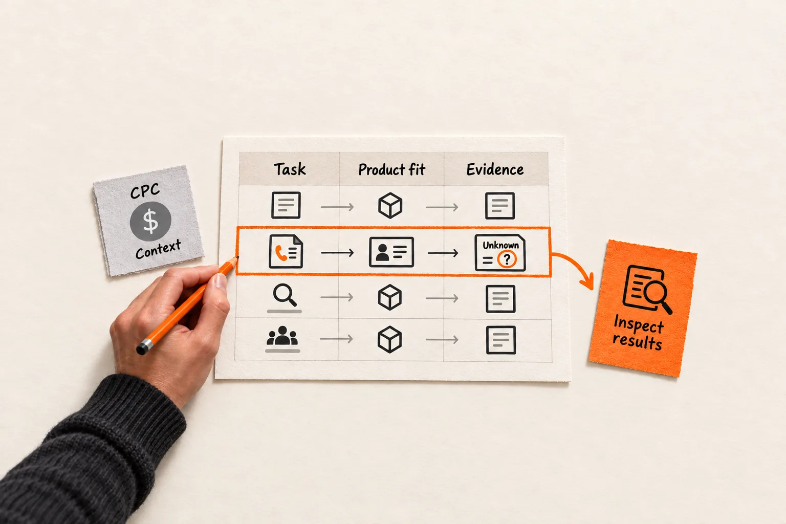 A hand highlights a keyword worksheet comparing task, product fit, and evidence. Unknown evidence leads to an Inspect results action card, while CPC sits separately as context.