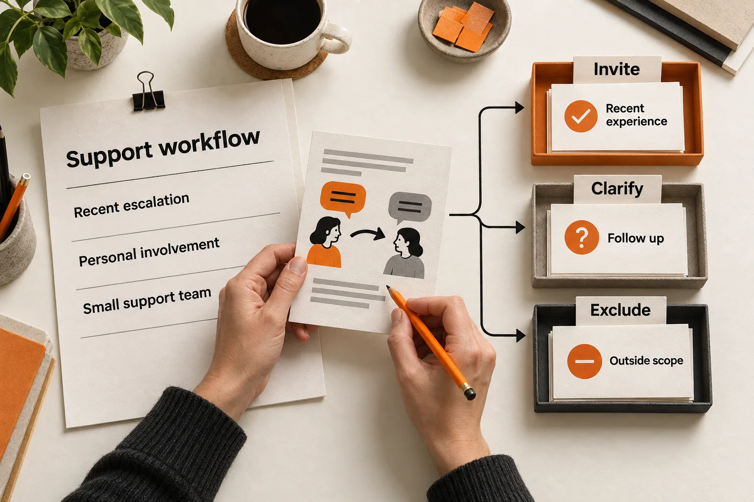 A founder checks a support-workflow application against experience requirements, with branches to Invite for recent experience, Clarify for follow-up, and Exclude for answers outside the study’s scope.