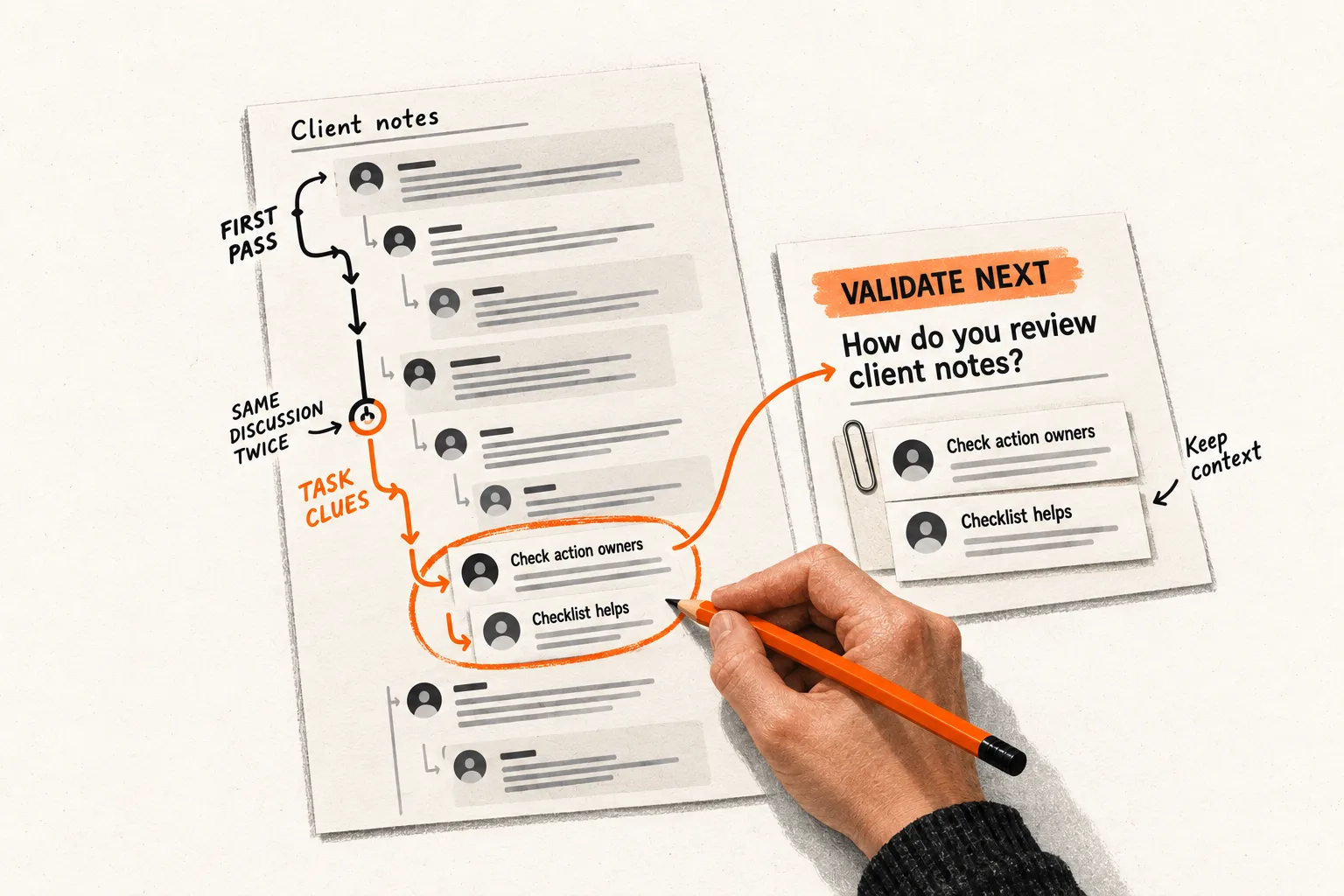 A researcher traces two reading passes through a discussion, preserves a comment and its helpful reply, and records a question about reviewing client notes to validate next.