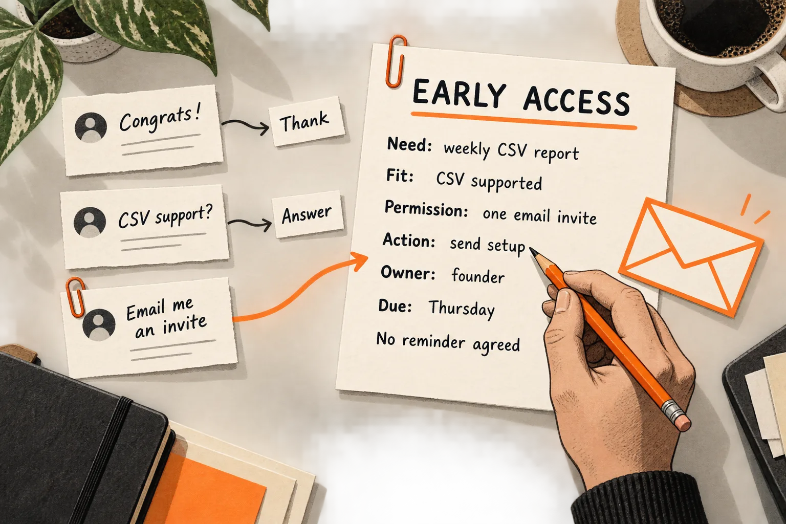 Launch comments lead to distinct responses: thank encouragement, answer a CSV question, and record a requested invitation with fit, permission, action, owner, and due date.