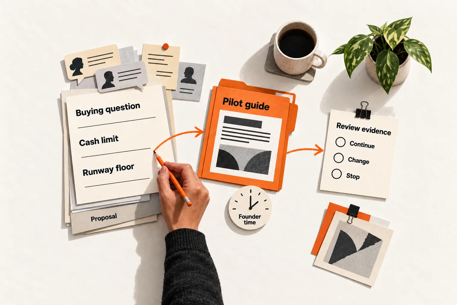 A founder connects a worksheet defining the buying question, cash limit, and runway floor to a pilot guide and an evidence review with continue, change, or stop options. Founder time is tracked separately.