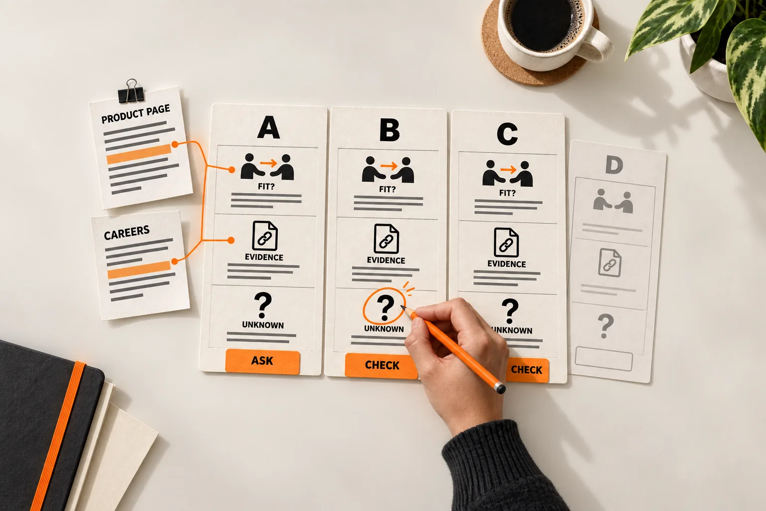 A founder circles an unresolved question on three prospect research cards separating possible fit, sourced evidence, and unknowns, with next actions to ask or check.