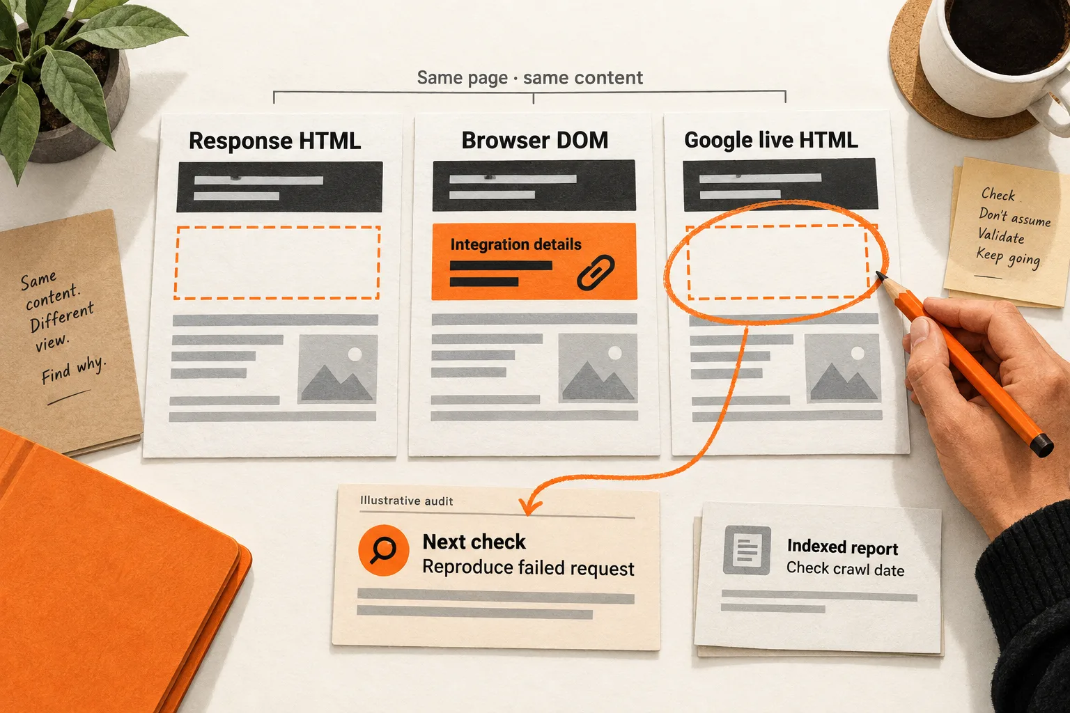Illustrative audit comparing integration details absent from response HTML, present in the browser DOM, and missing from Google live HTML. A circled gap leads to a developer task to reproduce a failed request; indexed evidence remains separate.