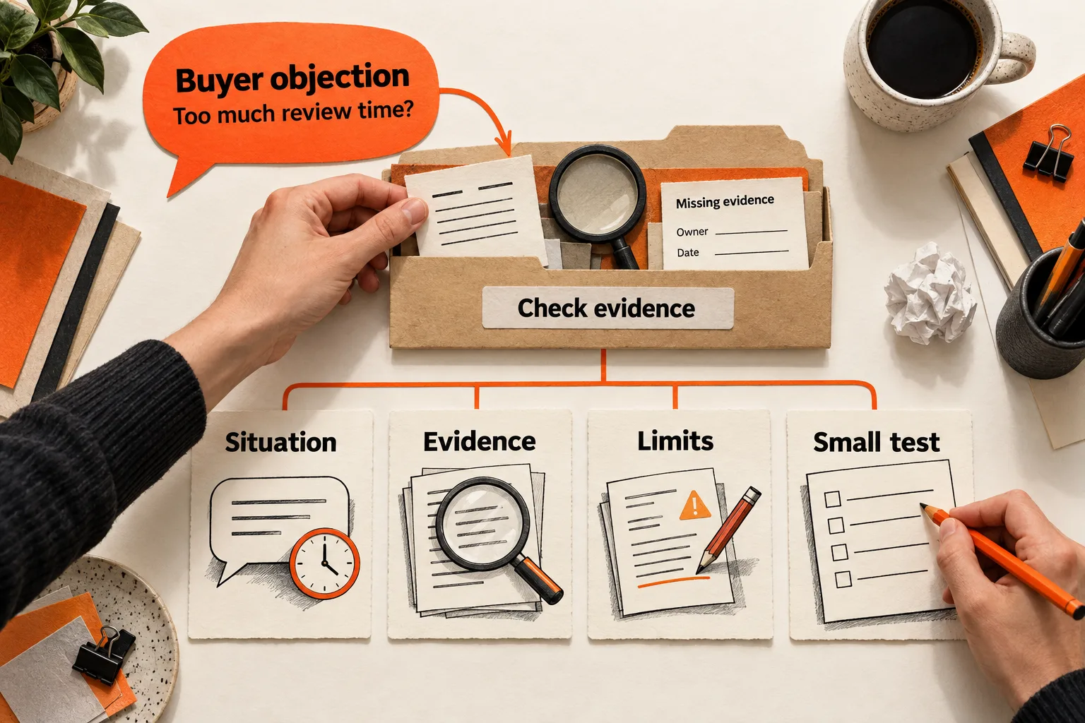 Hands organize a buyer concern about review time into an evidence folder and four post-planning cards: Situation, Evidence, Limits, and Small test. A missing-evidence slip includes owner and date fields.