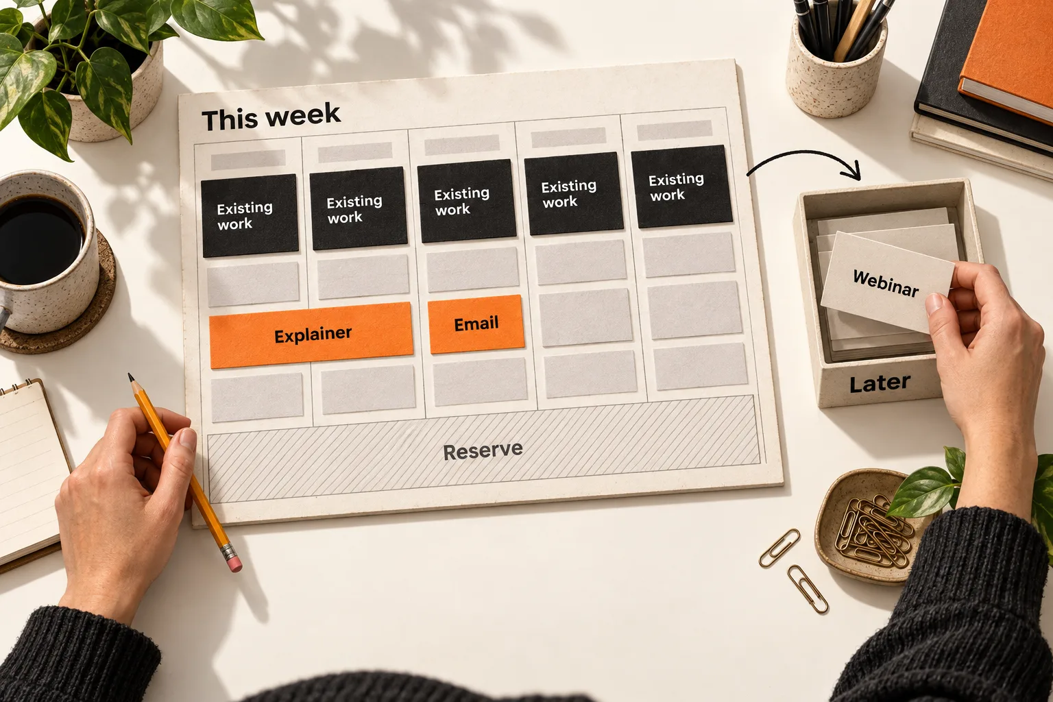 A solo marketer arranges a weekly plan with existing work, orange explainer and email cards, and protected reserve time, while placing a webinar card in a Later tray.