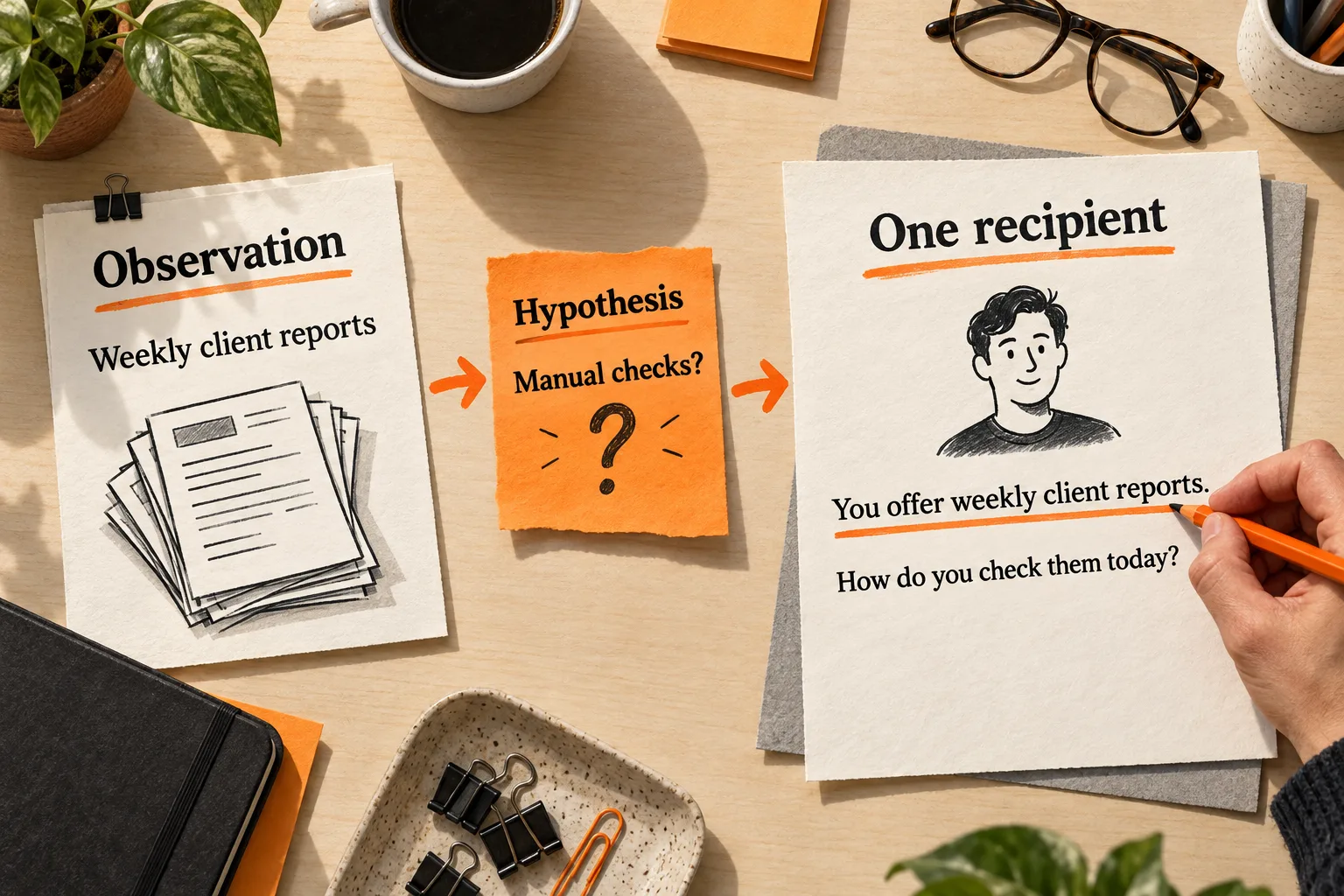 Orange arrows connect an observation about weekly client reports to a manual-check hypothesis and one recipient's draft question. A hand underlines the business fact explaining why that recipient was chosen.