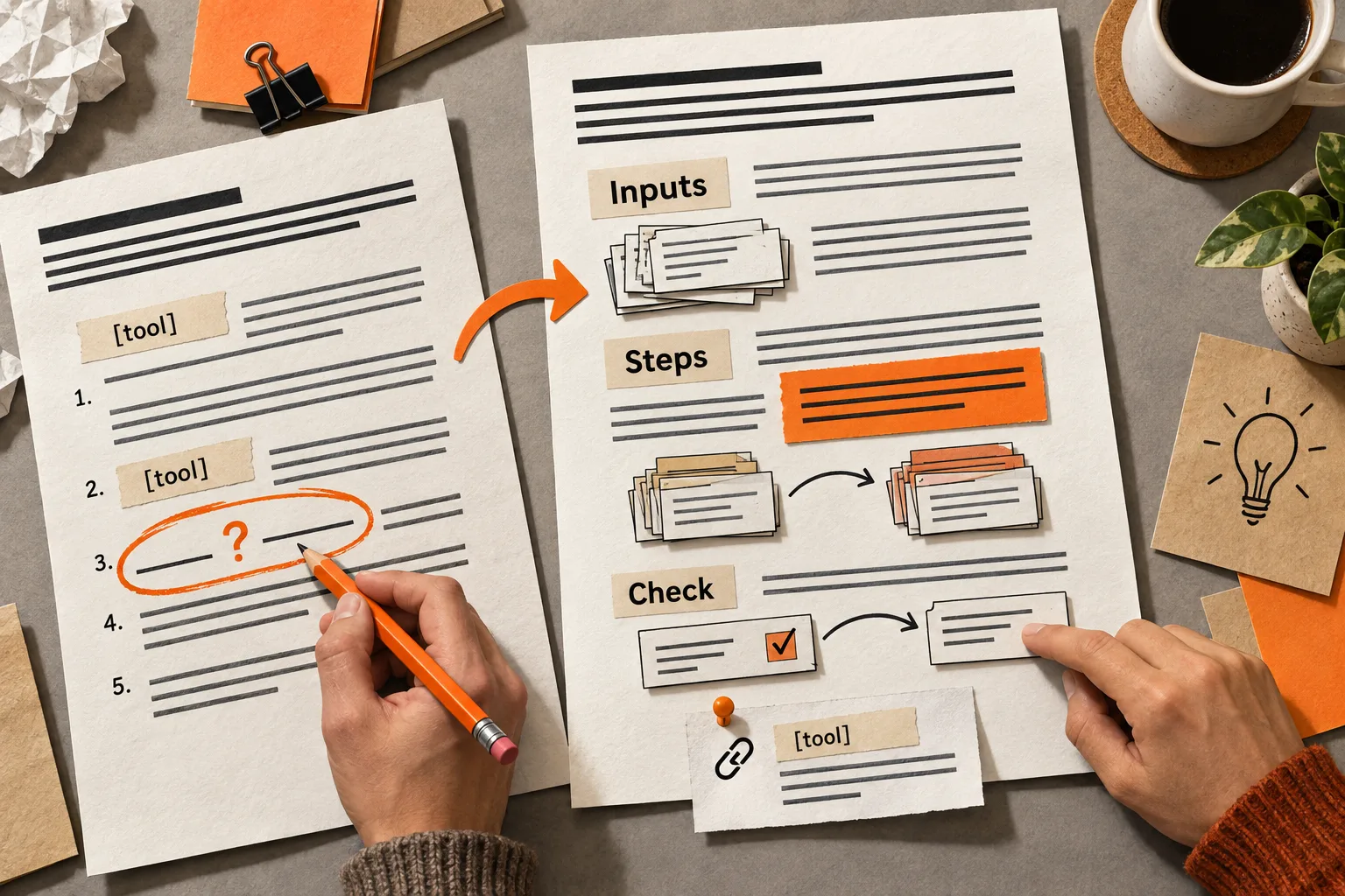 An editor marks a missing instruction in an article with product names masked as [tool]. An orange arrow leads to a repaired passage labeled Inputs, Steps, and Check, where another reader traces a theme card to its source.