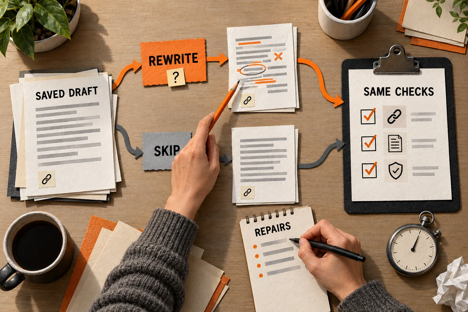 A saved draft branches into rewrite and skip paths that converge on the same review checklist, while two hands inspect changes and record repairs.