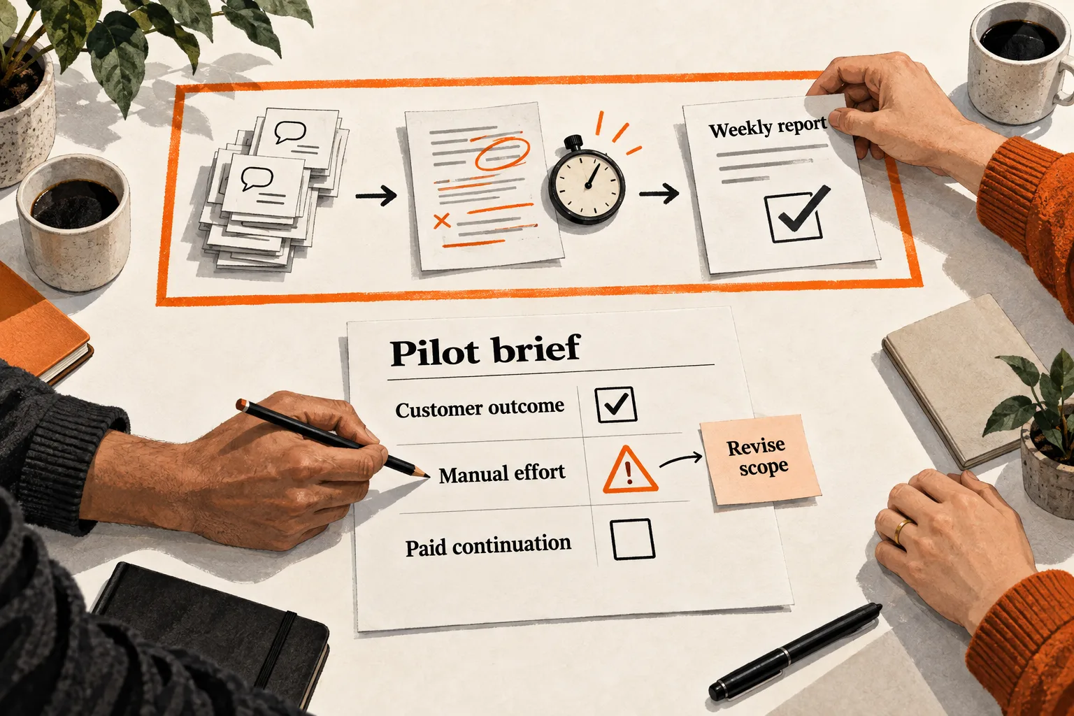 Founder and customer review a concierge pilot: support tickets become an approved weekly report, while the pilot brief flags manual effort for scope revision and leaves paid continuation undecided.