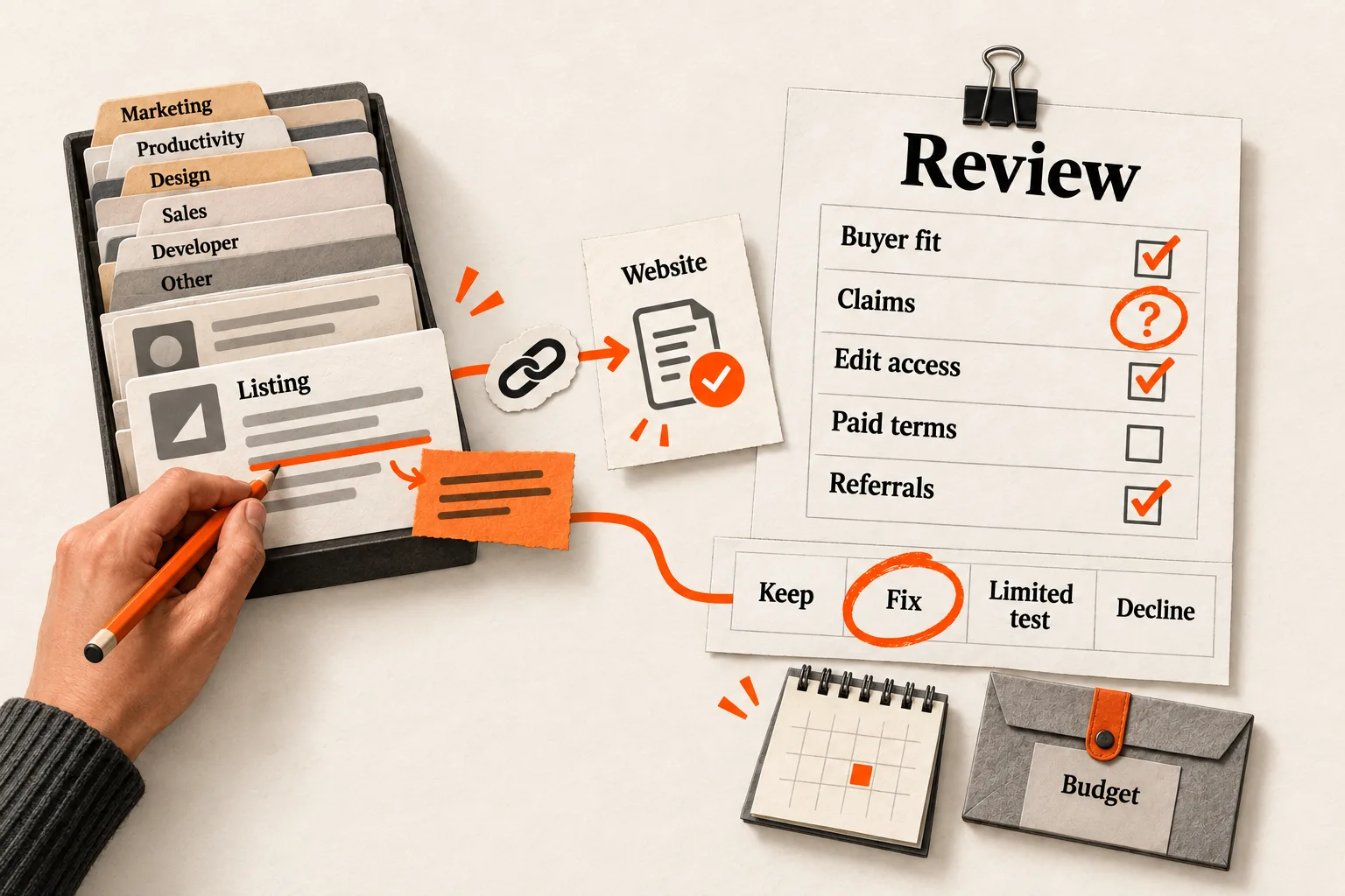 A hand corrects a SaaS directory listing beside its website referral path and a review worksheet covering buyer fit, claims, editing access, paid terms, and referrals. Fix is circled among four next actions.