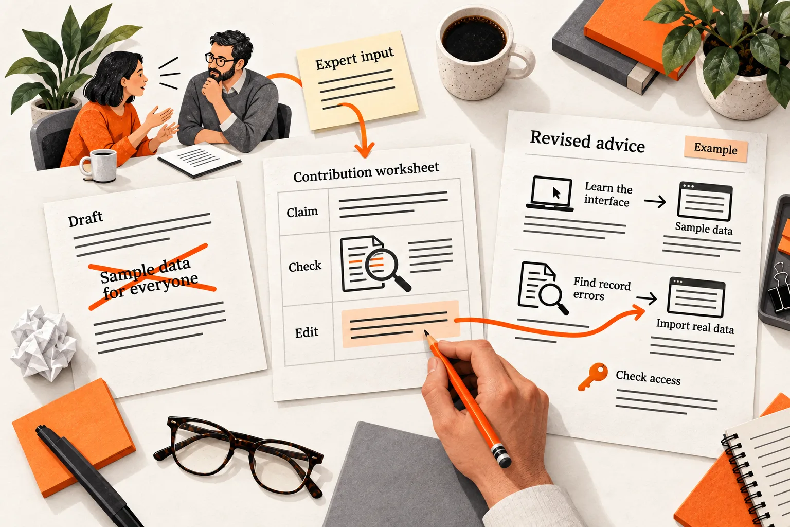 An editor traces expert input through a claim, check, and edit worksheet, replacing blanket onboarding advice with separate paths for learning the interface and finding errors in real records.