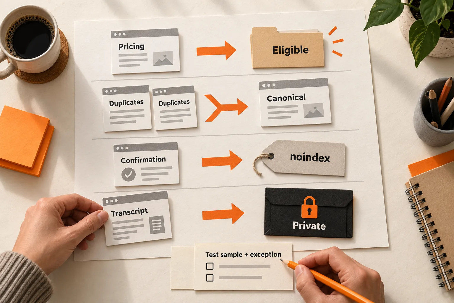 Hands organize SaaS page cards on a policy worksheet: pricing is eligible, duplicates point to a canonical page, confirmation gets noindex, and a private transcript goes into a locked wallet. A note prompts testing a sample and an exception.