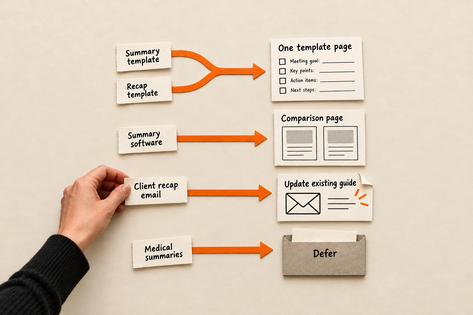 A hand sorts meeting-related keyword cards: summary and recap templates share one page, software gets a comparison page, client email updates an existing guide, and medical summaries are deferred.