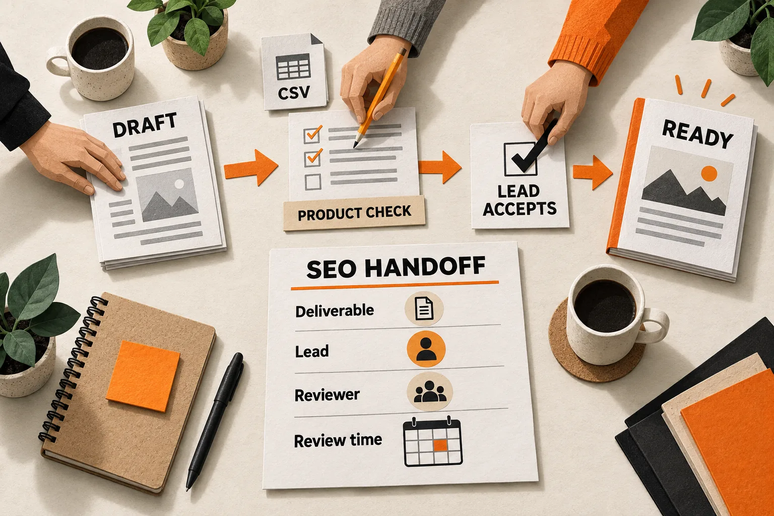 An SEO draft moves through product review and internal lead acceptance to a ready guide, above a handoff worksheet identifying the deliverable, lead, reviewer, and reserved review time.