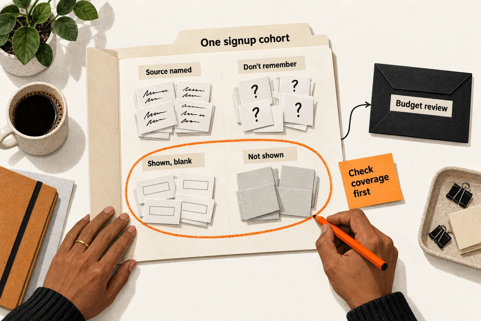 Hands audit survey cards for one signup cohort, circling blank and unseen surveys beside a “Check coverage first” note before budget review.