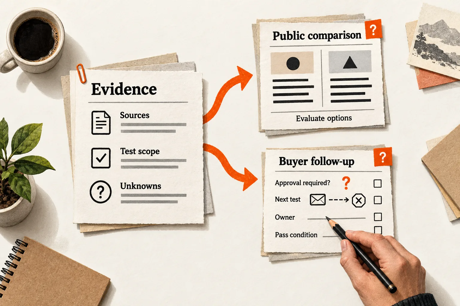 Orange arrows connect one evidence sheet to a public comparison for evaluating options and a buyer follow-up that preserves unknowns and assigns an approval test, owner, and pass condition.