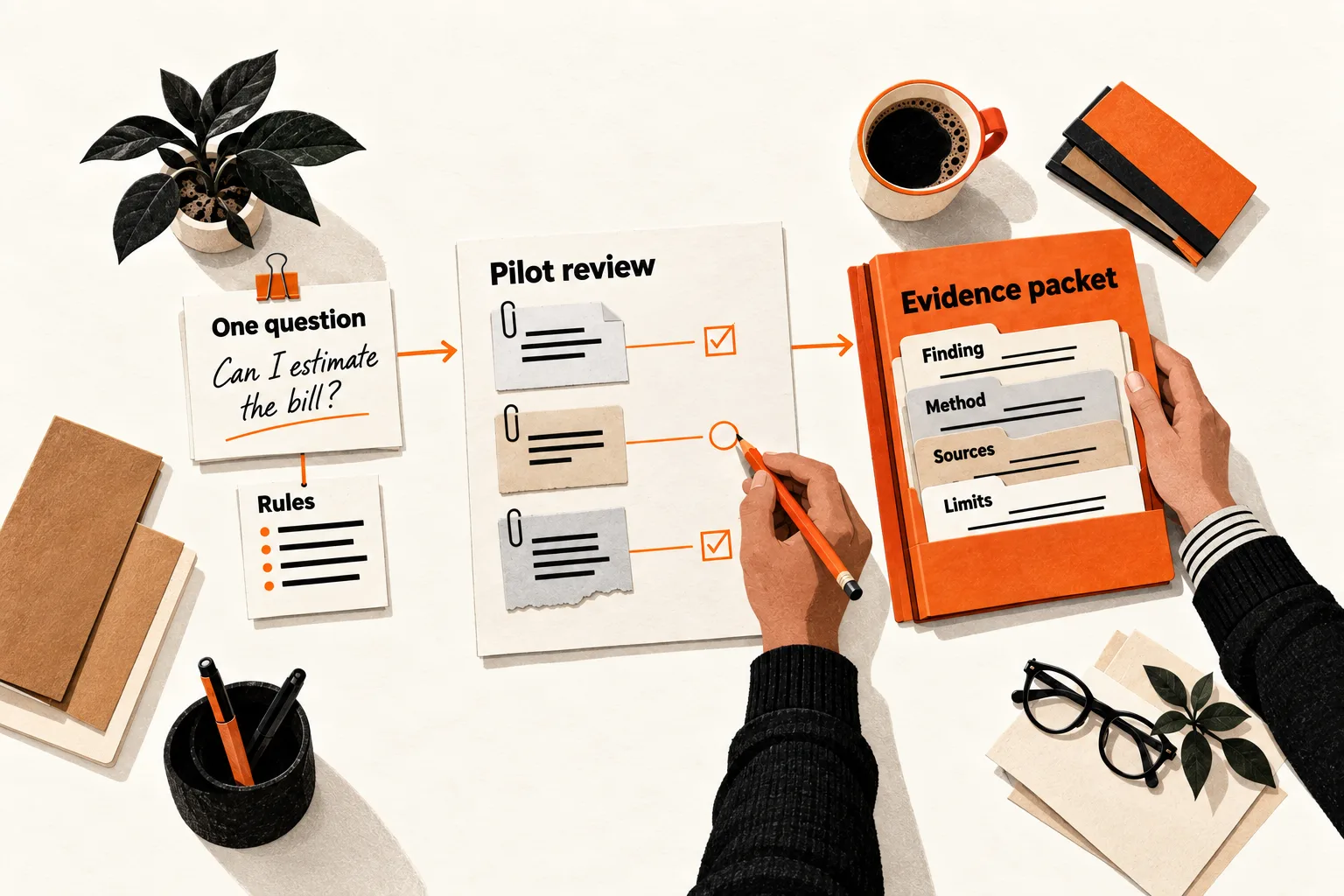 A reader’s pricing question and written rules lead to a pilot review of source records, then an evidence packet with finding, method, sources, and limits for an editor to inspect.
