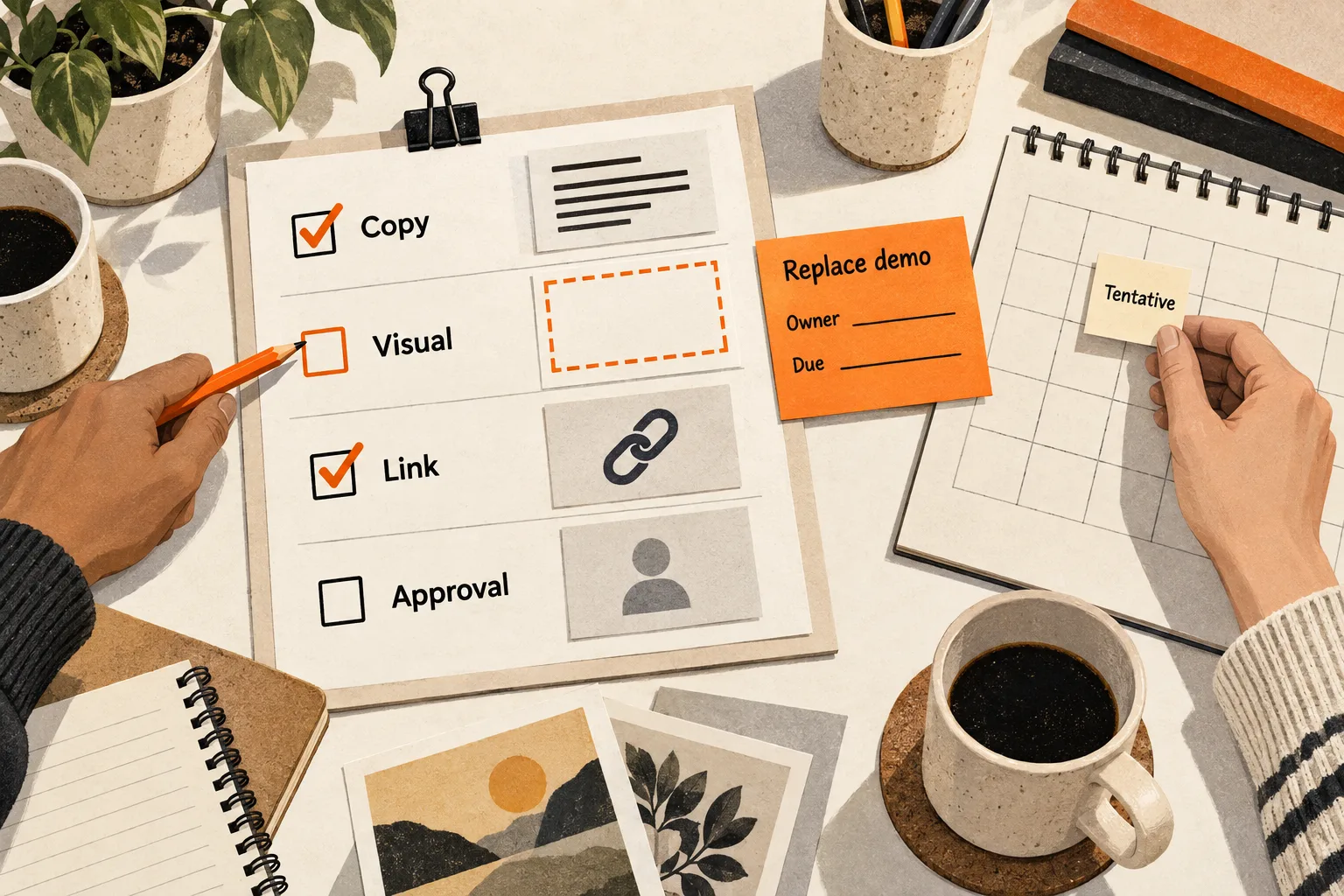 A reviewer flags a missing visual on a post production checklist. Copy and link are checked, approval remains blank, and a replacement task sits beside a tentative calendar date.