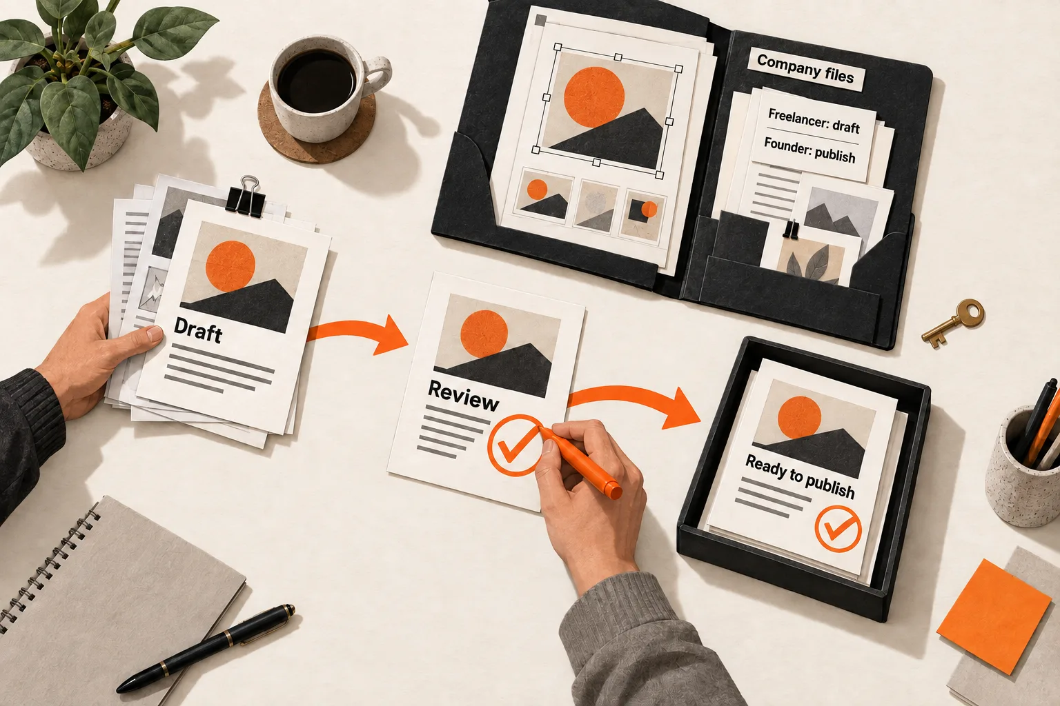 A freelancer hands over a social post draft for founder review. Orange arrows lead to an approved post, while editable originals and a card assigning drafting and publishing roles remain in a company folder.