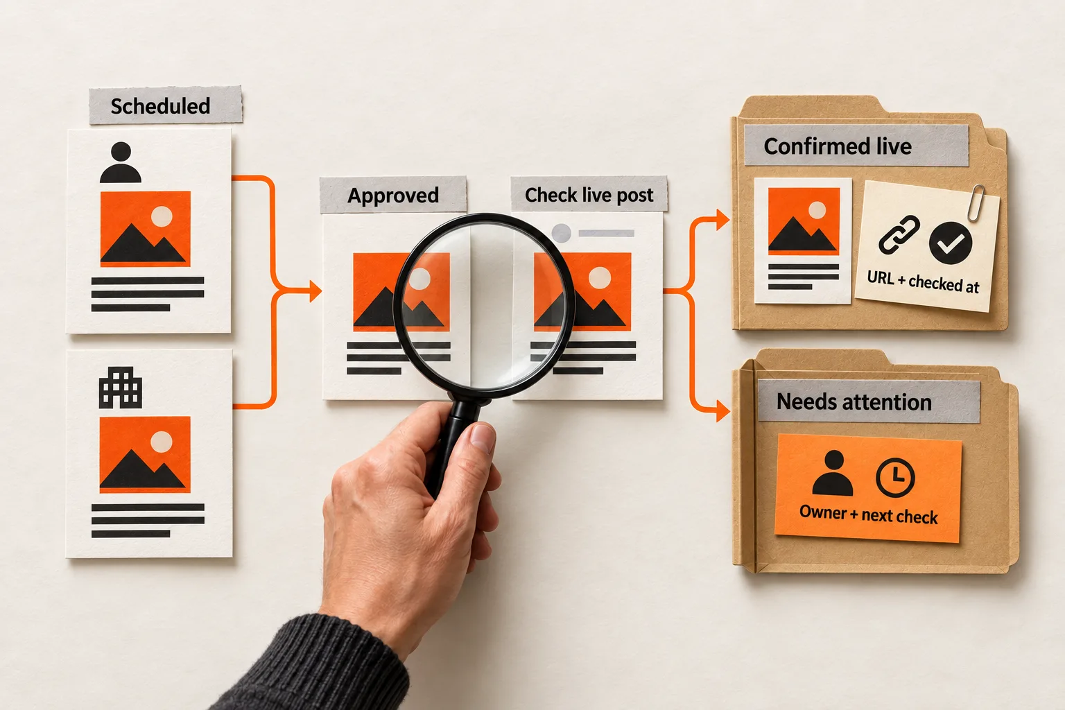 A hand checks scheduled social posts against approved content with a magnifying glass. Two outcome folders record confirmed publication evidence or an owner and next check.