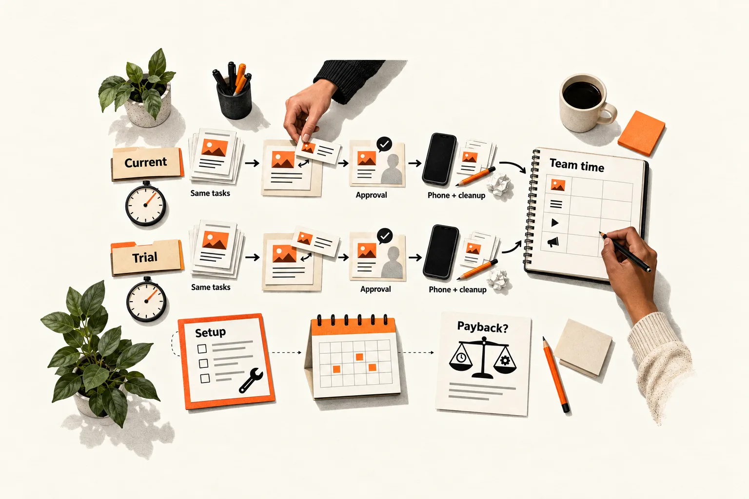 Two teammates compare identical social posting tasks in current and trial workflows, timing revisions, approvals, and phone cleanup while tracking setup and payback separately.