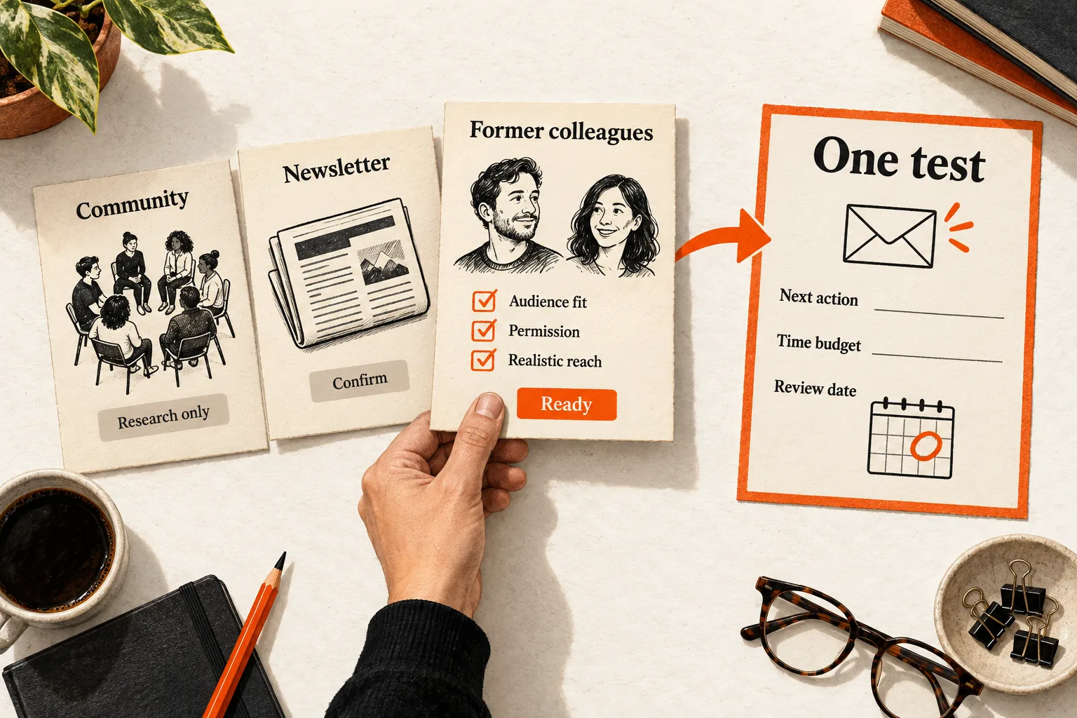 A hand selects the former-colleagues card after checking audience fit, permission, and realistic reach. An orange arrow leads to one test with an action, time budget, and review date; newsletter and community cards remain pending or research only.