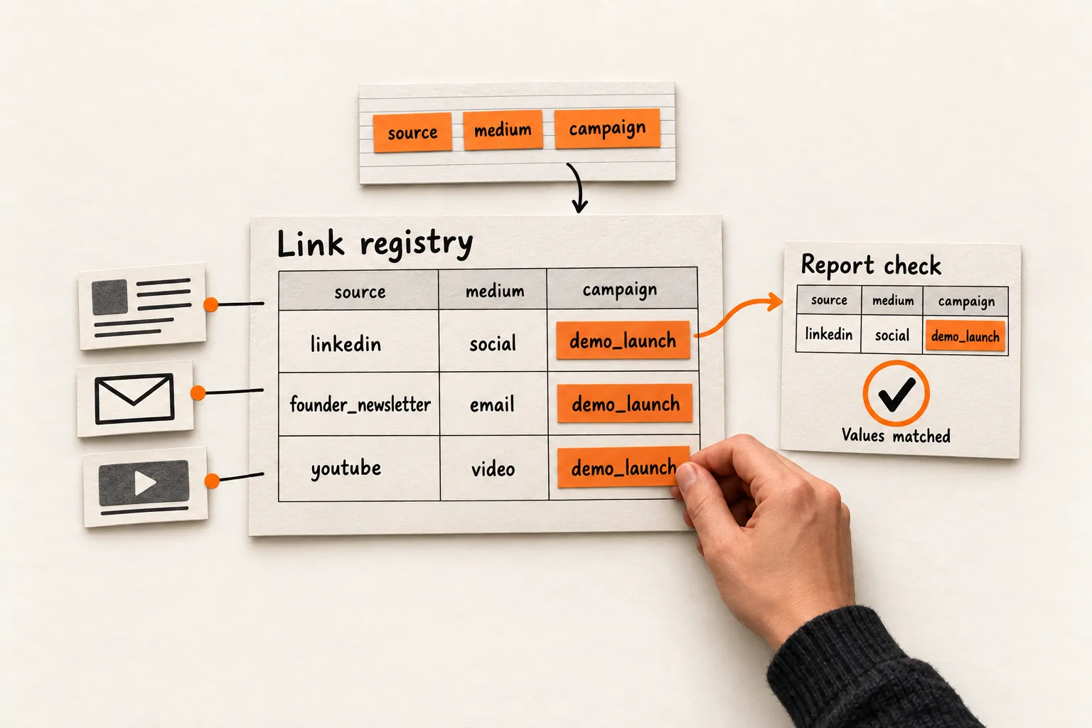 A founder labels three registered links with the same demo_launch campaign, while distinct source and medium values connect to a checked, matching report row.