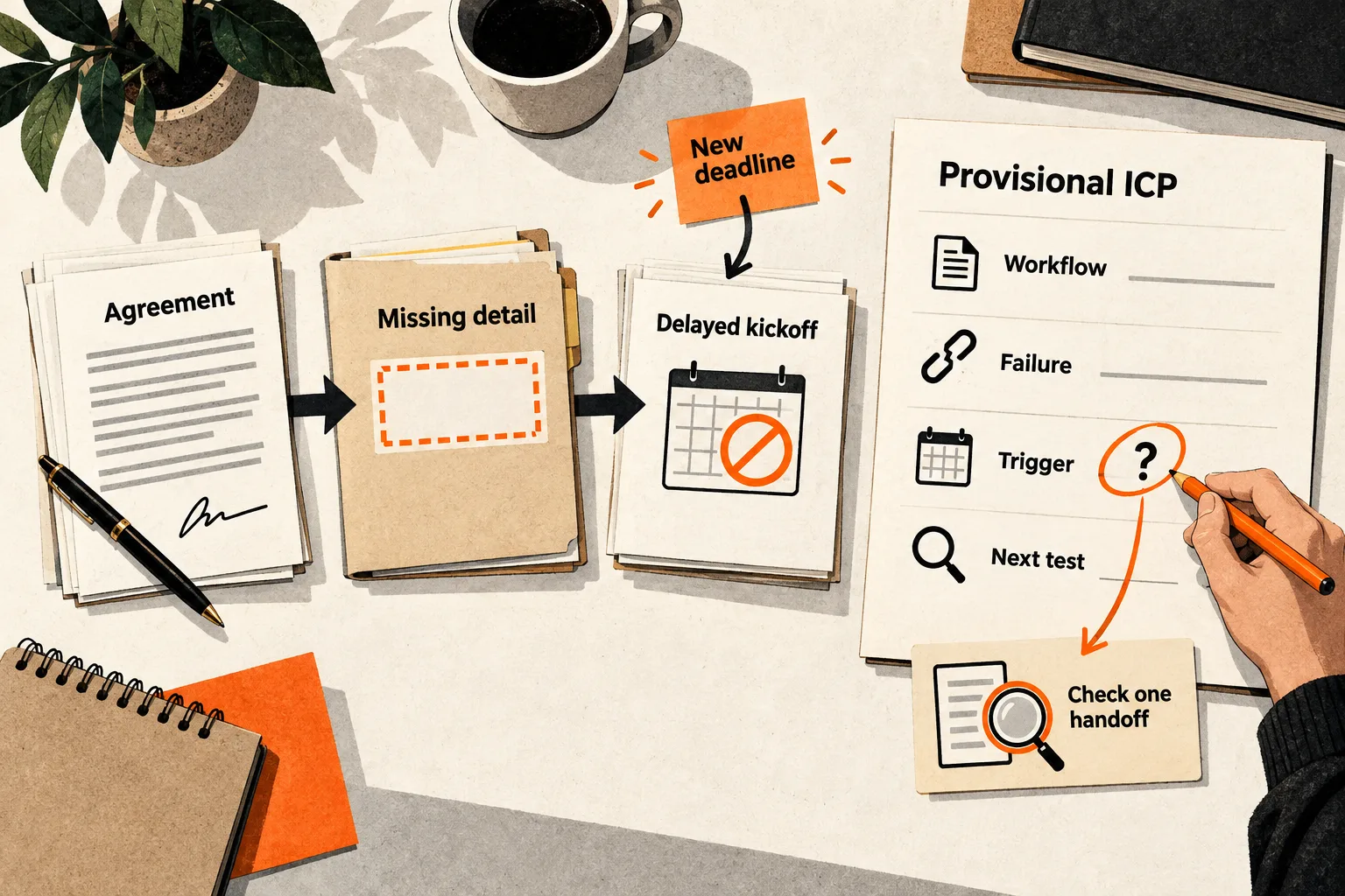 A missing detail delays a customer handoff as a new deadline approaches. Beside it, a founder circles an unknown buying trigger on a provisional ICP worksheet and connects it to checking one handoff.