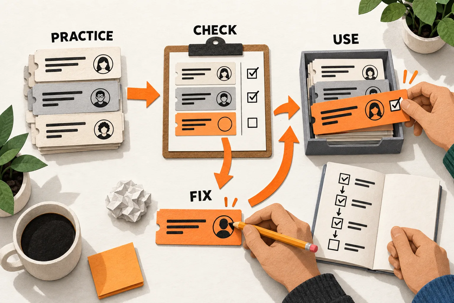 Paper ticket migration walkthrough: check sample records, fix a missing owner, and use the corrected ticket while following a printed guide.