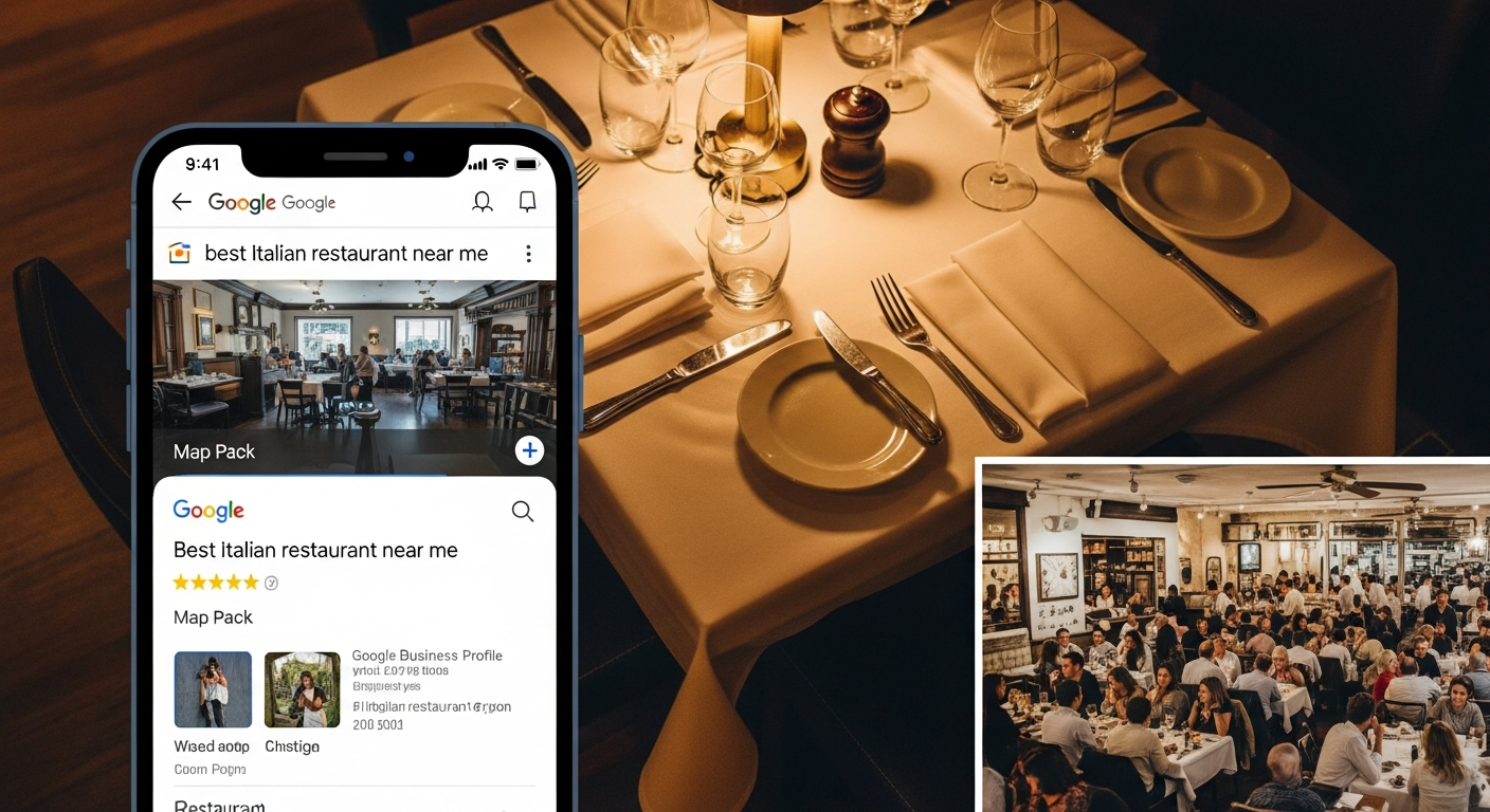 Restaurant SEO services dashboard showing local search rankings and Google Business Profile optimization results