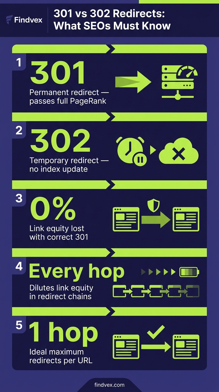 Infographic comparing 301 vs 302 redirects and their SEO impact on rankings