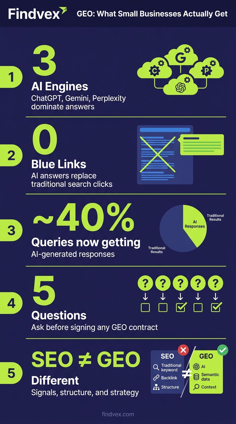 Infographic showing five key facts about generative engine optimization services for small businesses