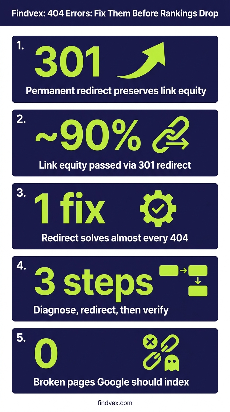 Infographic showing five key facts about fixing 404 errors for SEO