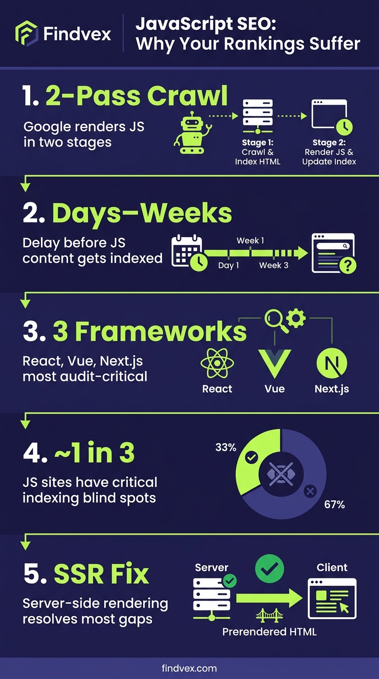 Infographic showing five key JavaScript SEO audit stats affecting organic search rankings