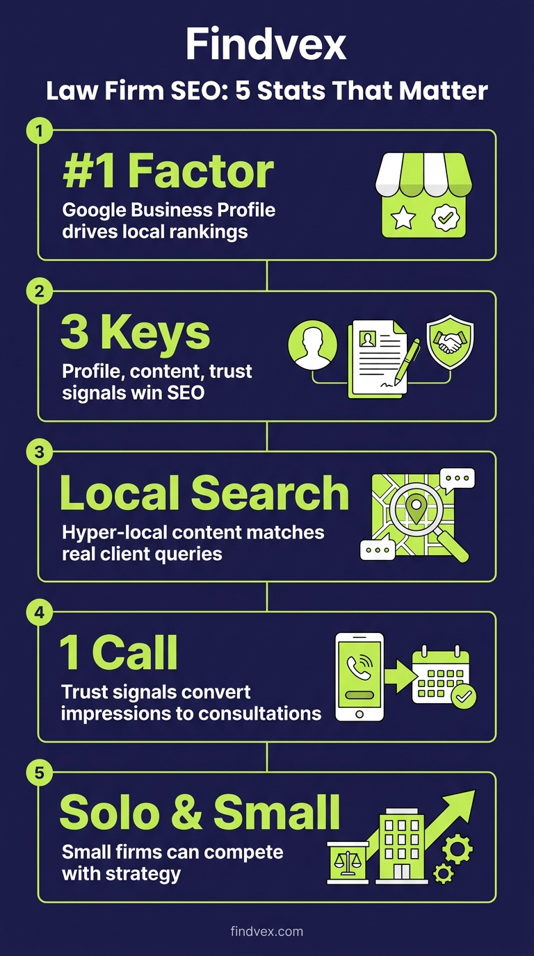 Infographic showing five key law firm SEO ranking factors for solo attorneys