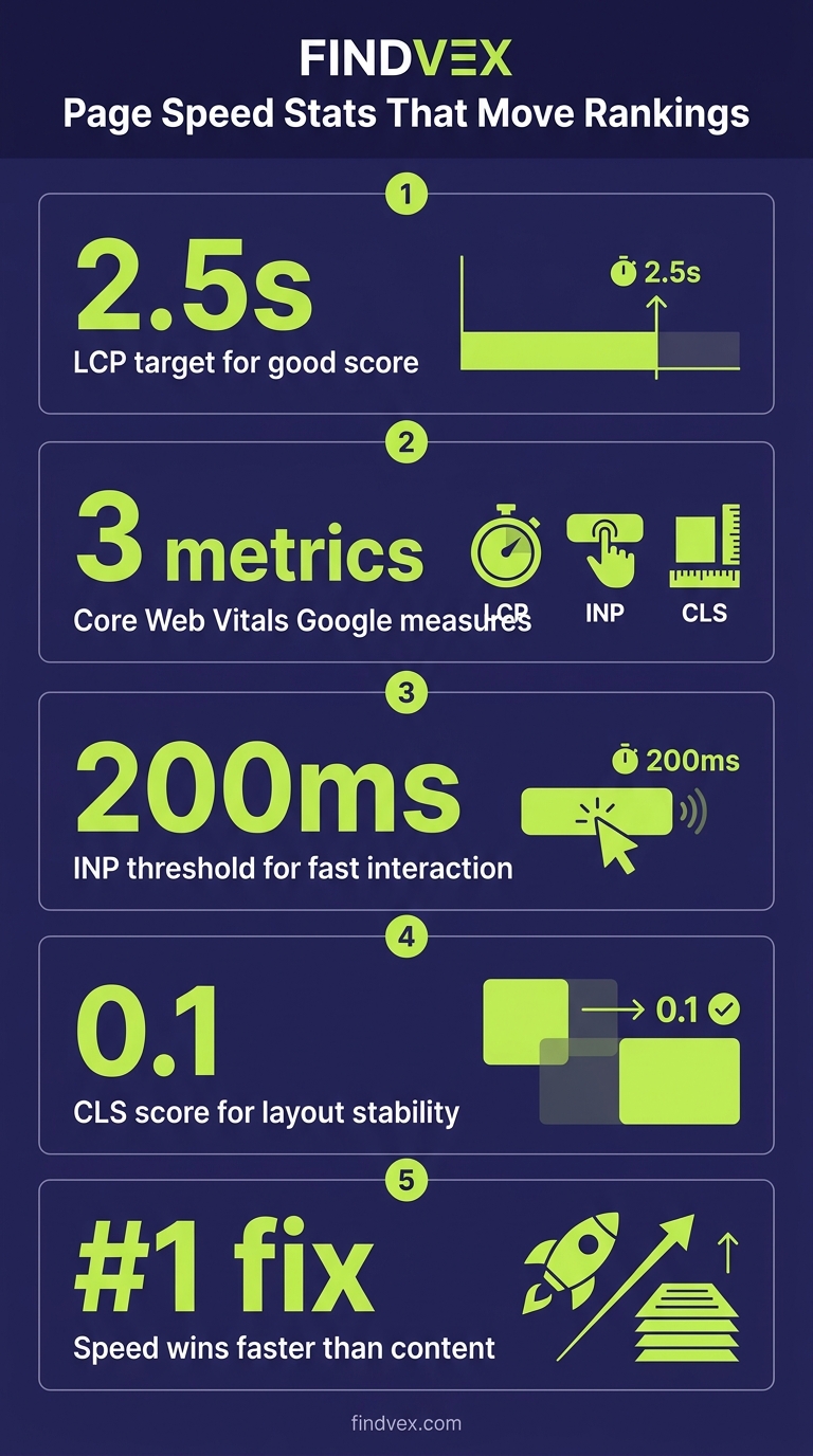 Infographic showing five key page speed SEO metrics affecting Google Core Web Vitals rankings