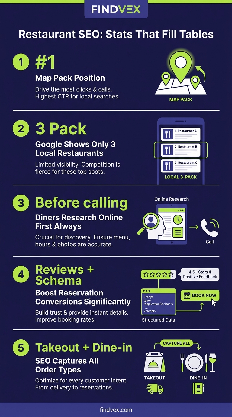 Infographic showing five key restaurant SEO stats that drive covers and reservations