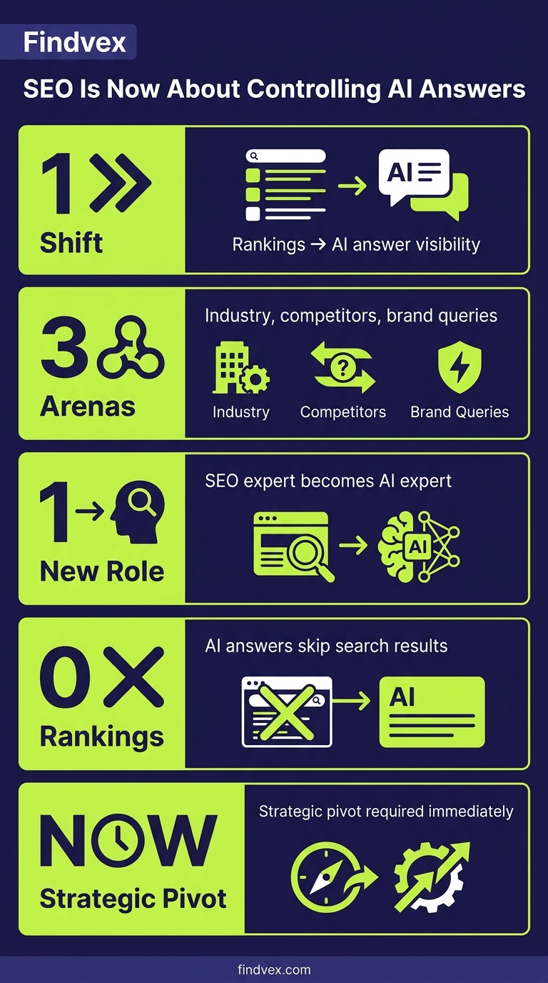 Infographic showing the strategic shift from traditional SEO to AI search expert controlling brand narratives