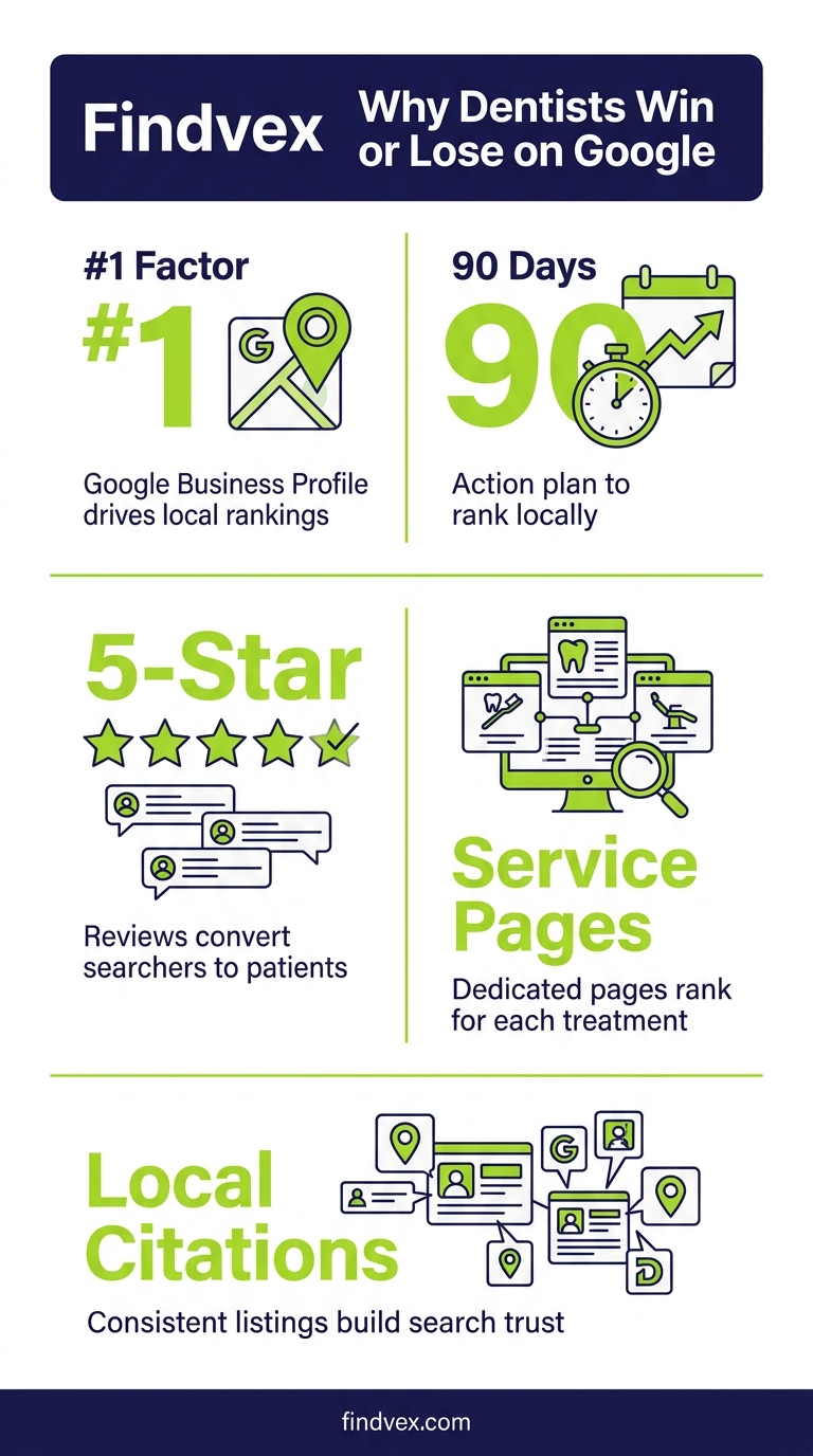 Infographic showing five key SEO strategies for dental practices winning local patients