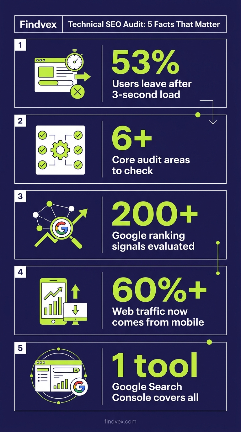 Infographic showing five key technical SEO audit stats for small business websites
