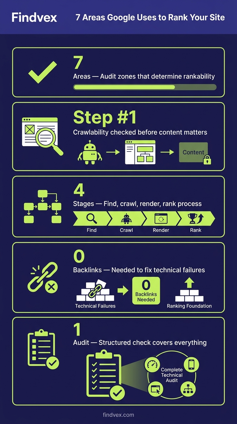 Infographic showing 7 technical SEO audit areas that determine Google rankings
